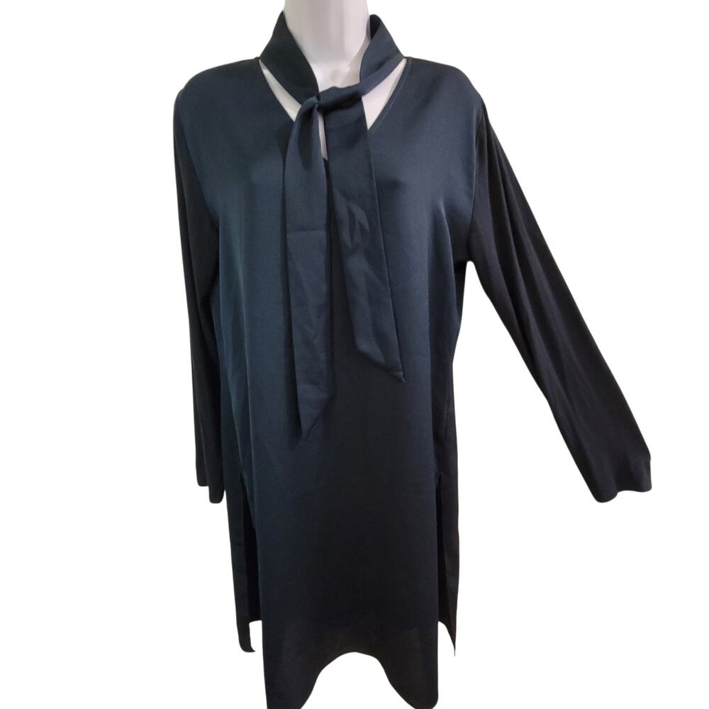Halston Dark Green Tie Neck Shift Dress Size M Long Sleeve Tunic